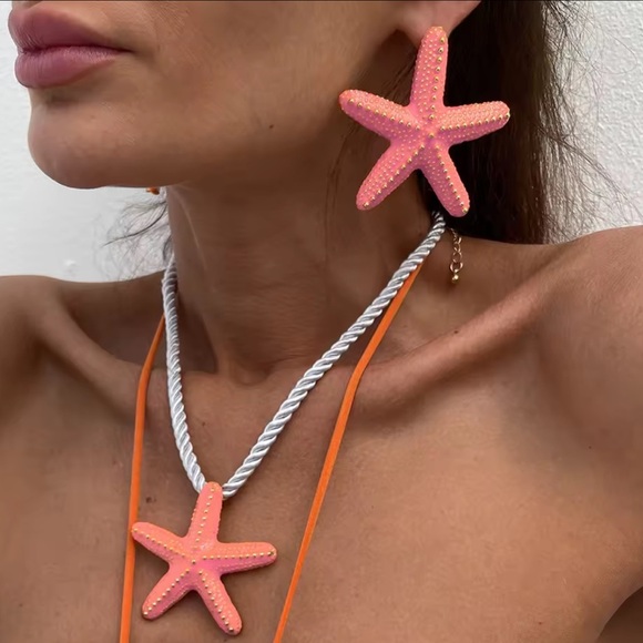 Starfish Pink Coral Earrings Necklace Set - Picture 1 of 6